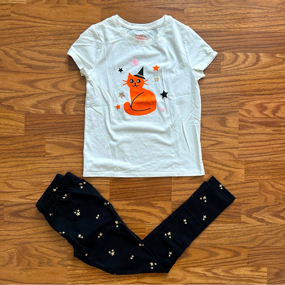 2 Pc Cat & Jack Halloween Glitter Stars Girls 8 Short Sleeve Shirt Leggings EUC!